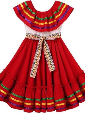 ABEHIK Mexican Dress for Girls Embroidered Traditional Mexican Dress w/Belt